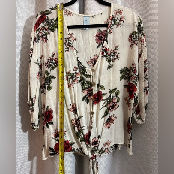 M.FASIS Floral Tie Front Blouse Size XL | Cream Red Flower Boho Top - Picture 5 of 7